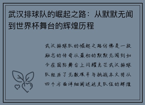 武汉排球队的崛起之路：从默默无闻到世界杯舞台的辉煌历程